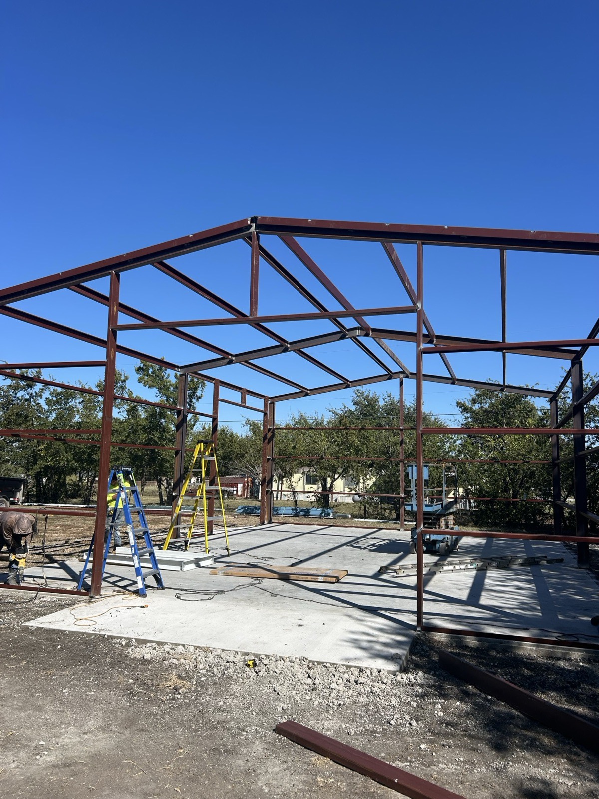 Residential steel building frame going up in North Texas
